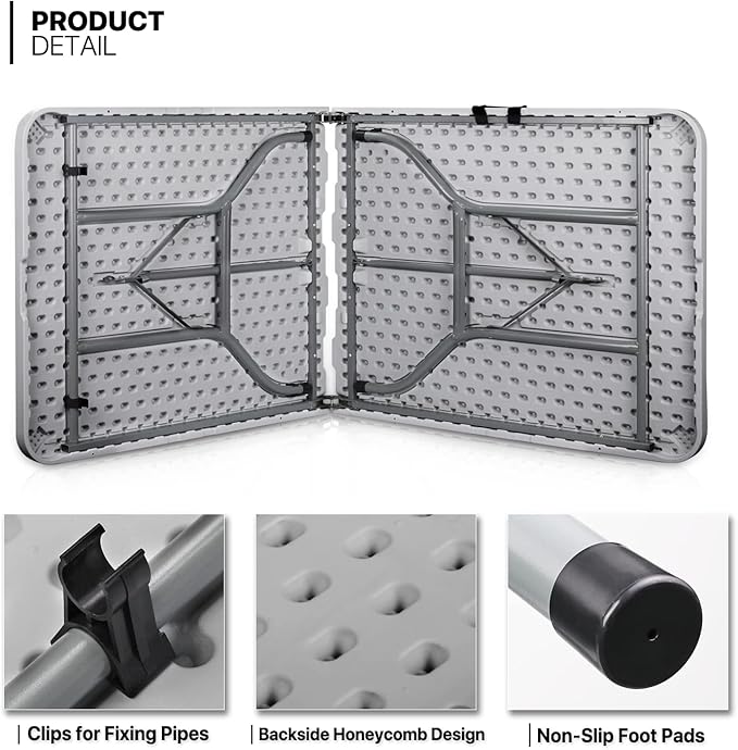 MoNiBloom 6Ft Folding Table, Heavy Duty Portable Plastic Dining Tables Fold in Half Indoor Outdoor Desk w/Handle, Lock for Camping Picnic Party, Gray