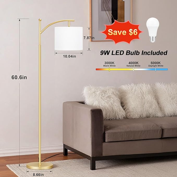 60" Floor Lamps for Living Room with 3 Color Temperatures, Adjustable White Shade with Gold Pole, Tall Lamps for Living Room Bedroom Office Classroom Dorm Room, 9W Bulb Included