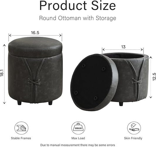 16.5 inch PU Leather Small Round Storage Ottoman, Modern Upholstered Ottoman with Soft Padded Seat, Chic Round Vanity Foot Stool with Removable Lid,Grey