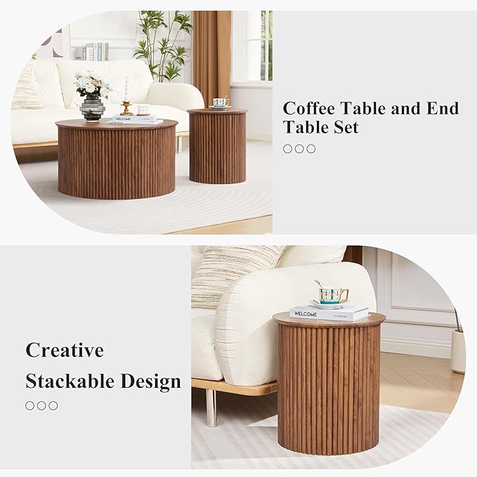 Round Nesting Coffee Table Set of 2, Mid Century Modern Wood Coffee Tables and End Table Set, Circle Side Table Minimalist Center Tables for Living Room, Office(Walnut)