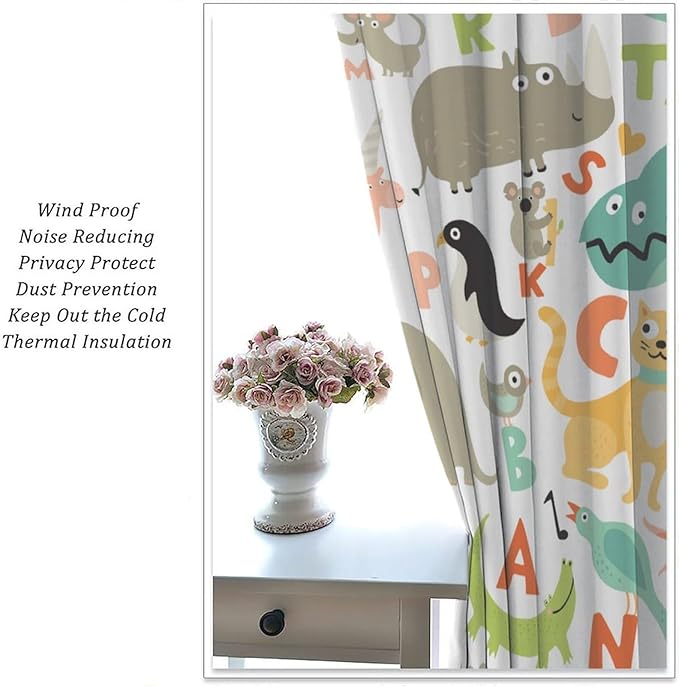Alphabet Curtains，Cute Cartoon Animals English Pattern Blackout Print Window Drapes for Bedroom Living Room 63x72 Inch