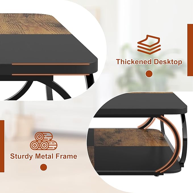 2-Tier Coffee Table with Storage Shelf, 39" Small Square Coffee Table Modern Wooden and Metal Accent Center Sofa Side Tables for Living Room, Brown & Black