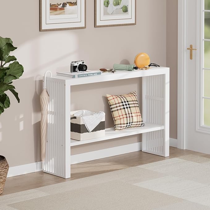 Bamboo 47.2" Narrow Console Table, 2-Tier Farmhouse Side Table, Rectangular Entryway Table, Modern Sofa Table Behind Couch with Storage Shelves for Entrance, Living Room, Hallway, Foyer (White)