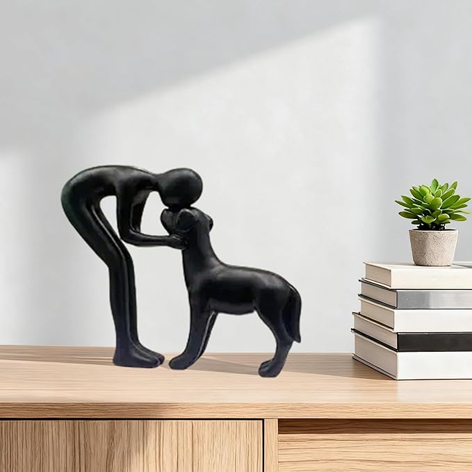 Mingzhang Human and Dog Statue Decoration Cute Black Dog Sculpture Home Decor for Office Living Room Bedroom, Memory Gifts for Pet Lovers Friends Family