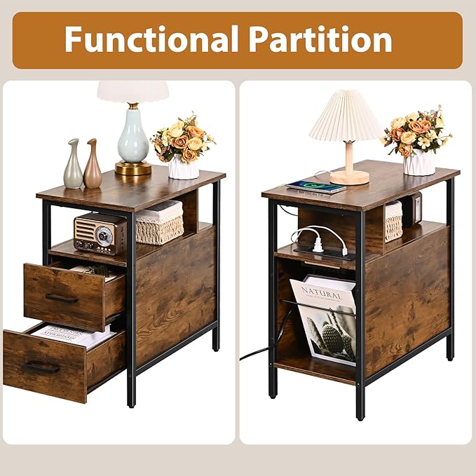 Livofloral Side Tables with Charging Station, Narrow End Table with 2 Wooden Drawers, USB Ports and Power Outlets, Narrow Nightstand and Bedside Table, Side Tables Living Room, Bedroom, Brown