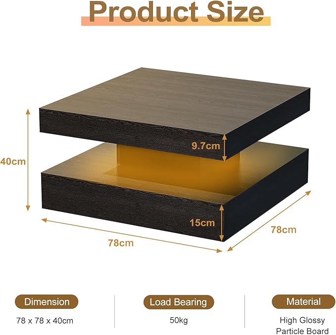 Black Led Coffee Table for Living Room, Square Living Room Table with Storage, Wooden Center Table Modern High Glossy Coffee Tables with 16 Colors LED Lights for Dining Room
