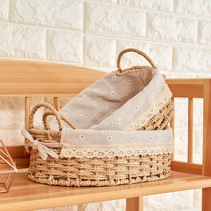 GIB Small Wicker Storage Baskets for Organizing, Decorative Woven Baskets with Handles & Liners, Boho Paper Rope Serving Baskets Trays for Shelves & Gifts, Set of 2