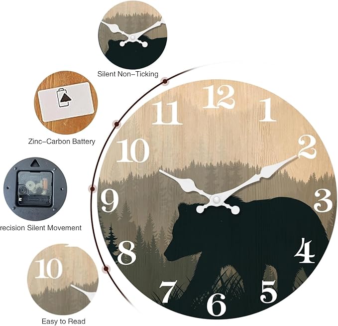 XFM Large Cabin Bear Wall Clock Battery Operated 24 Inch Silent Wooden Wall Clocks Rustic Forest Wildlife Clock for Lodge Living Room Kitchen Office