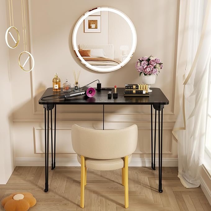 Folding Desk, 31.5" Hairpin Legs Small Desk with Power Strip for Bedroom, Space Saving Foldable Computer Desk for Home Office, No Assembly Need, Black