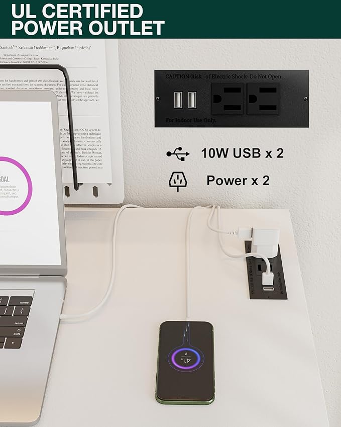 Frylr Small Folding Computer Desk – 43.3 Inch Portable Table for Craft and Study, Lightweight Desk for Small Spaces, Foldable Laptop Table Built-in AC/USB Outlets for Convenience, White