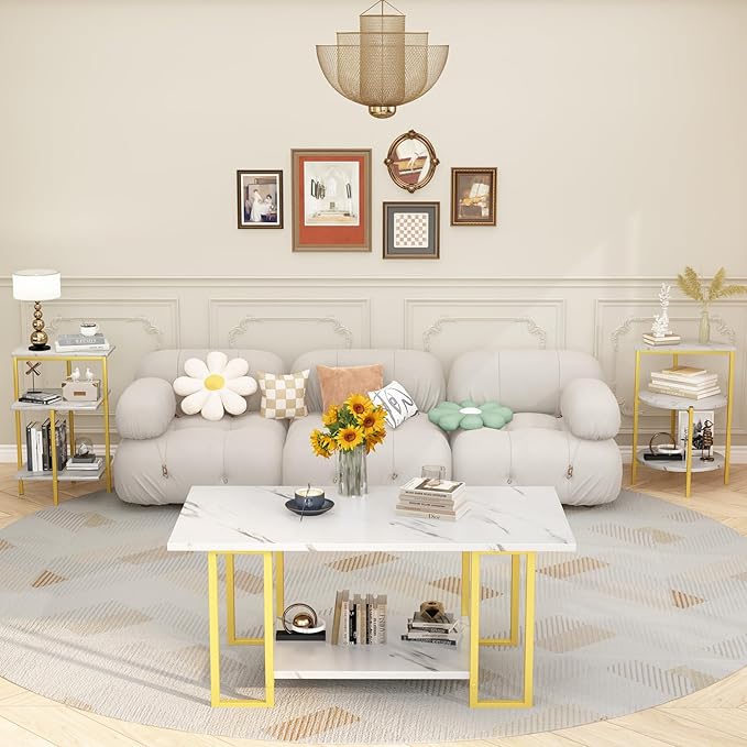 AWQM Faux Marble Table Set, Coffee Table & 2 Side Table, Faux Marble Tabletop and Metal Frame, 3 Piece Table Sets, for Living Room Apartment, White & Gold