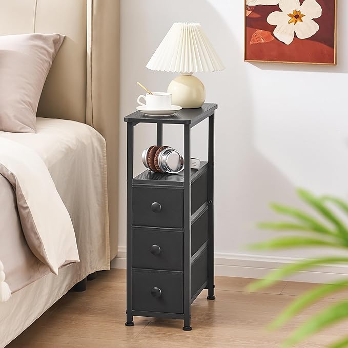 End Table, Narrow Side Table with 3 Fabric Drawers, Slim Nightstand, Small Bedside Table with Storage, Living Room, Bedroom, Black HKET1300BK