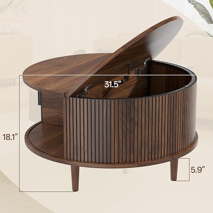 Mid Century Round Coffee Table, Fluted Center Table with Sliding Door, Modern Dining Table with Storage for Home Living Room Office, 31.5", Walnut