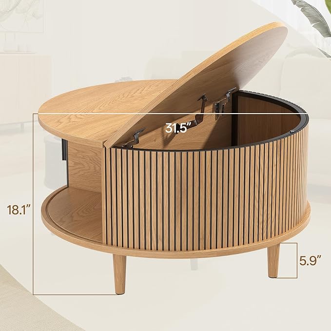 Mid Century Round Coffee Table, Fluted Center Table with Sliding Door, Modern Dining Table with Storage for Home Living Room Office, 31.5", Oak