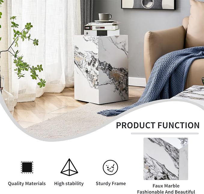 End Table Side Table, Marble Couch Side Table, Bedside Nightstand Tables for Bedroom, Square Coffee Accent Table for Living Room