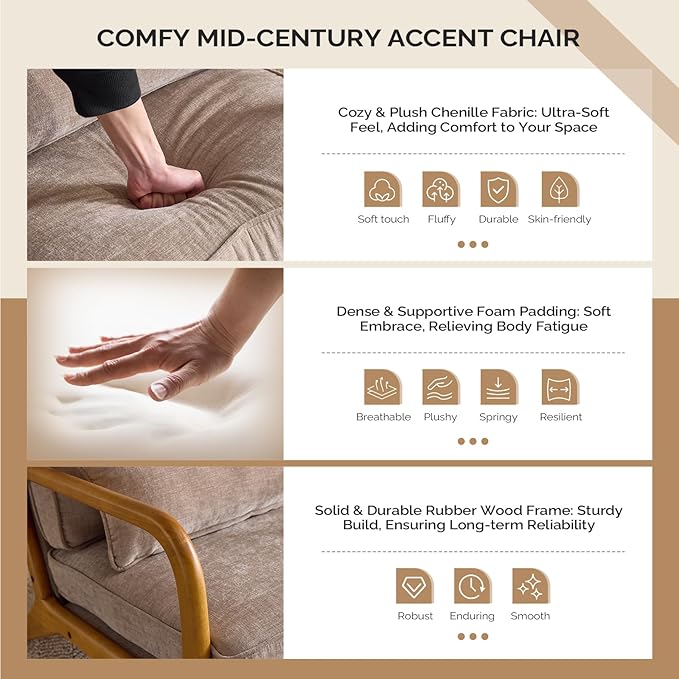 VINGLI Chenille Mid-Century Modern Accent Chair Set of 2, Cute Reading Arm Chair with Cushion & Lumbar Pillow & Solid Wood Frame for Lounge, Living Room, Reading Room, Bedroom, Light Khaki
