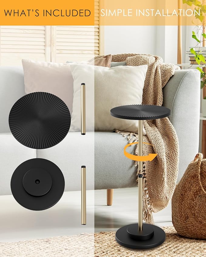 Round Side Table, Small Drink Table for Small Spaces, Modern Accent End Table with Metal Leg for Living Room, Bedroom, Corners, and Office (Black Gold)