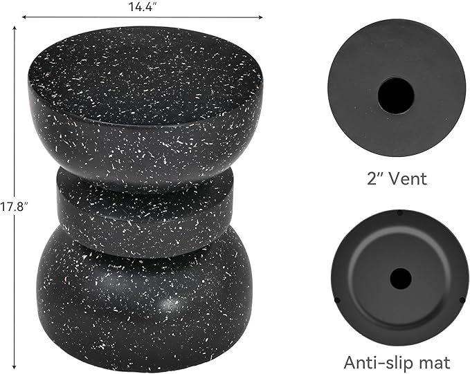 18" Outdoor Side Table, Modern Hourglass Garden Stool in Painted Faux Terrazzo-Look, Patio Coffee Accent Table Decorative, Durable Weatherproof & Easy Assembly Round Table for Room Porch Black