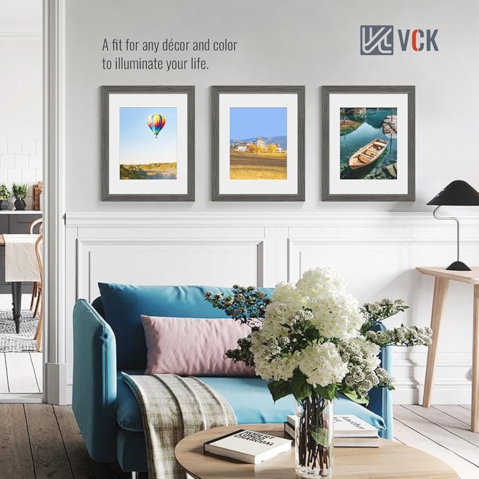 VCK 11x14 Picture Frame 5 Pack - Grey, High-End Wood Poster Frames with Tempered Glass, Display 8x10 Photo with Mat or 11x14 without Mat, Art Gallery-Quality, Wall Hanging, Grey