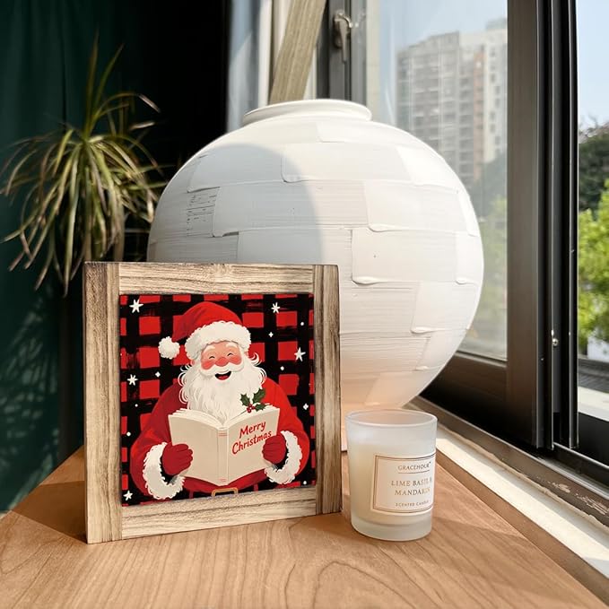 Merry Christmas Wood Sign, Santa Wooden Box Sign Decor, Wood Plaques Desk Decor, Shelf Decoration, Happy Christmas Vibe Decoration for Home Office Cafe Bar Club, Merry Xmas Gift