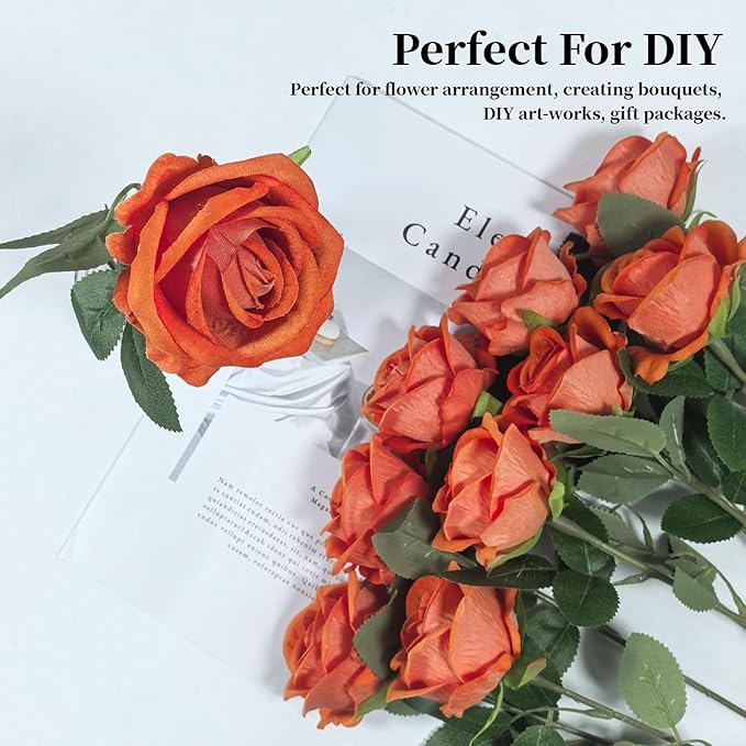 10 PCS Artificial Roses with Long Stems Silk Flowers Realistic Foam Flowers Fake Roses for Valentine's Day Autumn Fall Decor Halloween(Orange)