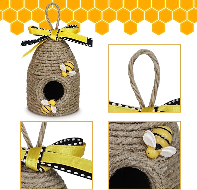 Rustic Bumble Bee Hive Decor - 3 Pack Natural Bee House, Spring/Summer Farmhouse Kitchen Table Tiered Tray Decor