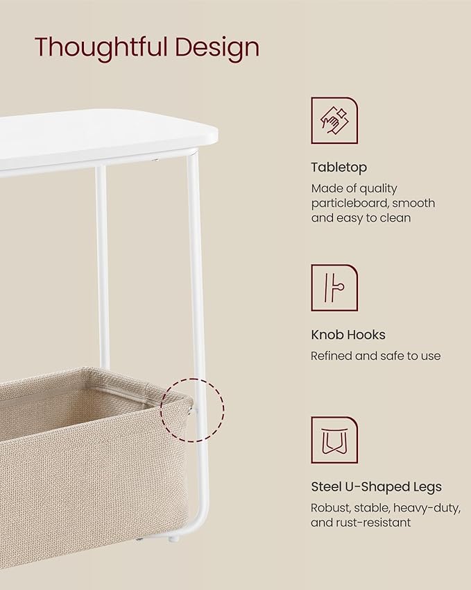 VASAGLE LILEA Collection - Side End Table with Fabric Basket, Modern Nightstand, Rectangular Bedside Table, for Living Room, Bedroom, Matte White and Camel Brown ULET230W10