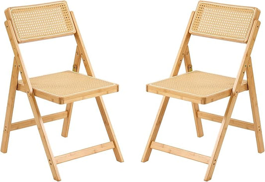 Rattan Folding Chairs, Modern Mid Century Dining Chairs Set of 2, Outdoor Bamboo Chair for Bedroom Living Room Reading Room Dining Kitchen, Wood