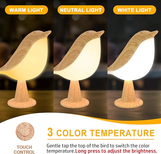 2 Cute Bird Table Lamps Combo,Rechargeable Cordless Lamp with 3 Color Temperature and Adjustable Brightness,Small Desk Lights for Bedroom Nightstand Bedside Table - Wood Tone