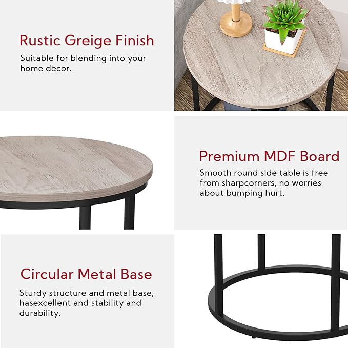 Yusong Round End Table, 20" Accent Small Side Table Nightstand Modern Bedside Table for Living Room Bedroom Office Small Spaces, Grey