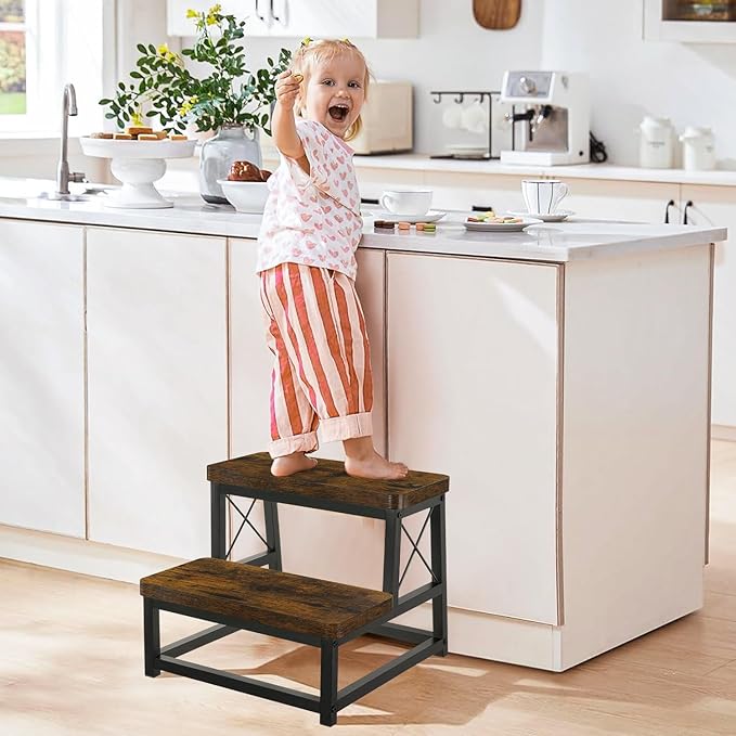 YINMIT Wooden Step Stool for Adults, 2 Tier Heavy Duty Step Stool for High Bed with Non-Slip Feet, Using for Bedroom, Living Room, Bathroom and Kitchen, Hold Up to 500 LBS