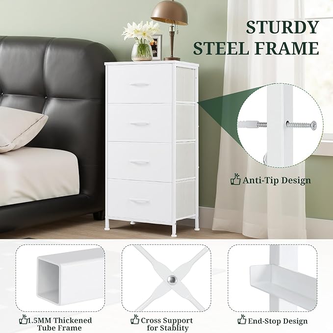 Nightstand, 4 Drawer Dresser End Table Bedside Furniture with Wooden Top Steel Frame Fabric Bins for Bedroom, Closet, Entryway, Dorm, Living Room, White