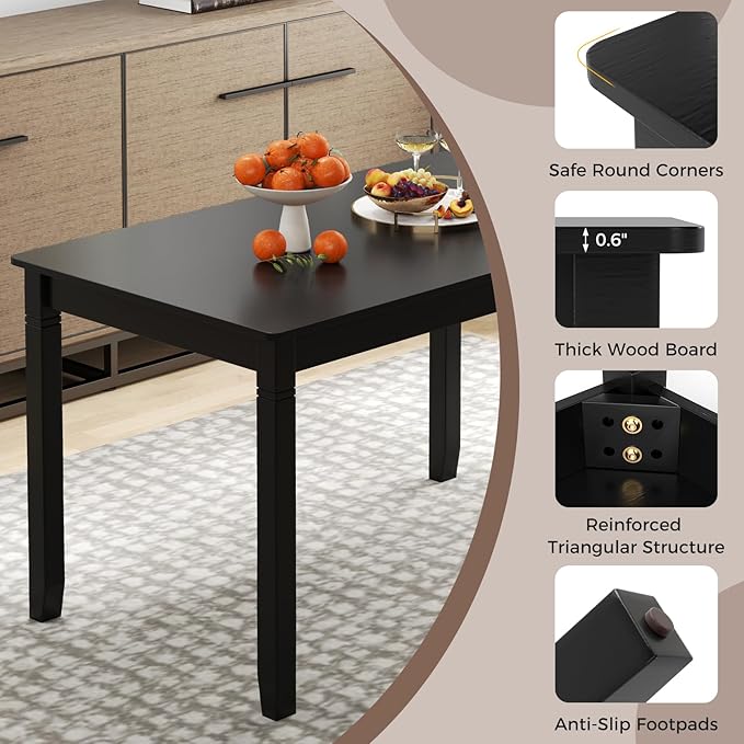 Giantex Dining Table for 4 People, 48"x 29" Kitchen Table with Wood Legs, Load 330 Lbs, Rectangular Dinner Table for Small Space, Dinette, Apartment, Living Room, Dining Room (Black)