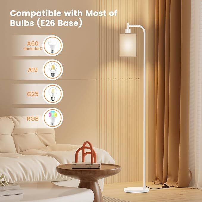 Floor Lamp with Linen Shade, Dimmable Tall Standing Lamp with Remote Control & 3 Color Temperatures, Modern Floor Lamps for Living Room Bedroom Office Corner, 9W LED Bulb Included