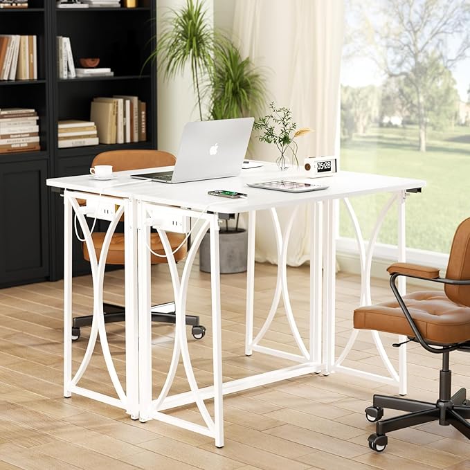 Foldable Desk, 31.5" Small Desk for Bedroom with Power Outlet, Space Saving Folding Computer Desk for Home Office, Easy Assembly, White