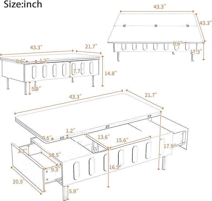 43.3-Inch Lift Top Coffee Table with Hidden Storage & 2 Drawers, Modern Multifunctional Center Table with Foldable Top for Living Room, Black