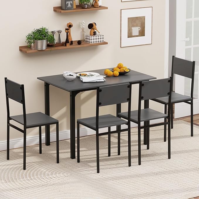GOFLAME 5-Piece Dining Table Set, Industrial Kitchen Table and Chairs for 4 with Backrest and Metal Frame, Rectangular Space-Saving Dinette Set for Dining Room, Apartment, Small Space, Grey
