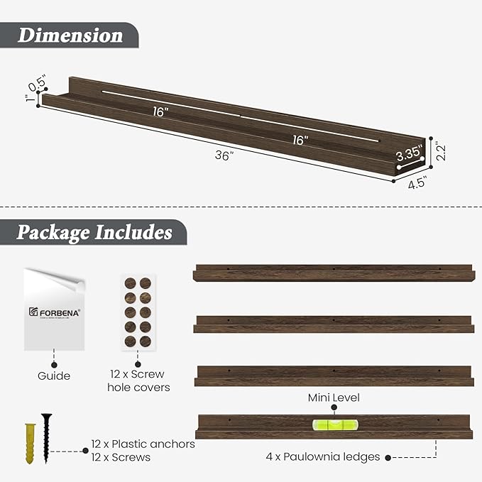 Forbena 36 Inch Long Picture Ledge Shelf, Wooden Floating Shelves for Wall with Lip, Dark Brown Wall Mounted Bookshelf Bookshelves for Living Room Bedroom Office Books Photos (Real Wood, Set of 4)