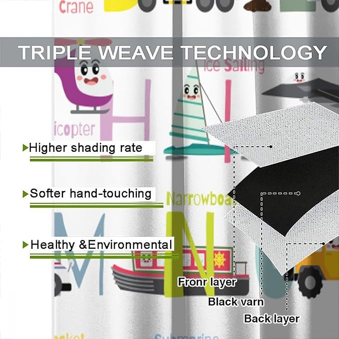 Alphabet Curtains，Catoon Transportation Pattern Blackout Print Window Drapes for Kids Bedroom Living Room 52x84 Inch