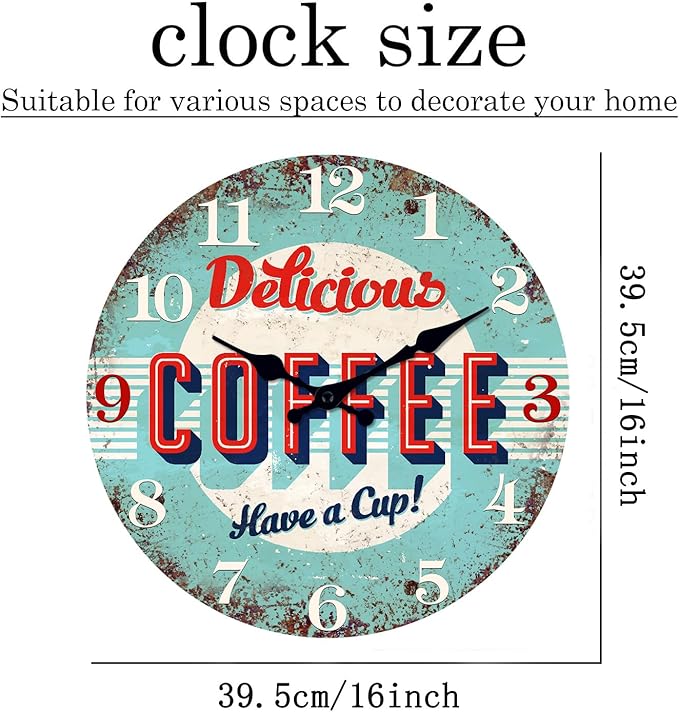 XFM Kitchen Wall Clock 16 inch Blue Coffee Sign Wall Clocks Battery Operated Silent Non Ticking Rustic Wood Clock for Dining Room Bar Cafes Bedroom
