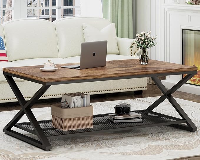 LVB Rustic Coffee Table with Storage, Industrial Wood Metal 2 Tier Center Living Room Table with Mesh Shelf, Farmhouse Wooden Low Rectangle Cocktail Tea Table for Office Bedroom, 47 inch, Rustic Brown
