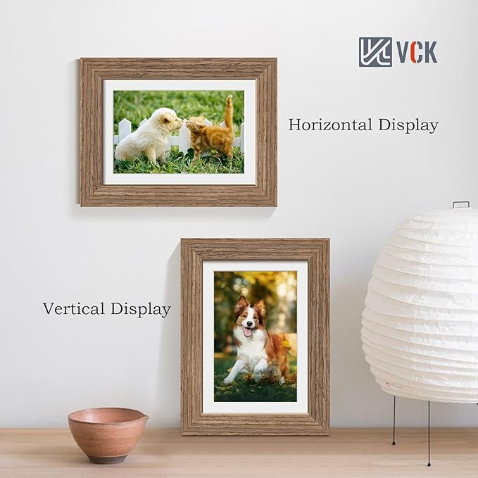 VCK 5x7 Picture Frame 5 Pack - Walnut, High-End Wood Poster Frames with Tempered Glass, Display 4x6 Photo with Mat or 5x7 without Mat, Art Gallery-Quality, Wall Hanging/Tabletop, Walnut