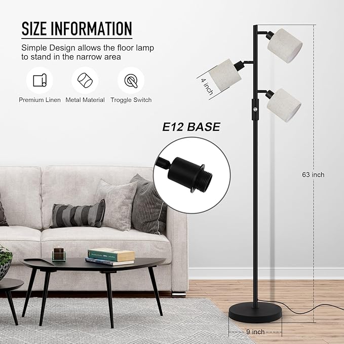 Floor Lamps for Living Room, Standing Lamp, 3-Light Tree Floor Lamp with Lampshade, Reading Floor Lamp with Rotary Switch, 63" Tall Lamp, Modern Pole Lamp for Bedroom Office Kids Room (5W LED Bulbs)
