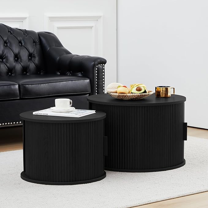 Round Coffee Table, 2 Piece Coffee Table Set with Storage Space and Sliding Door, Modern Fluted Coffee Side Table for Living Room, Office, Bedroom (Black)