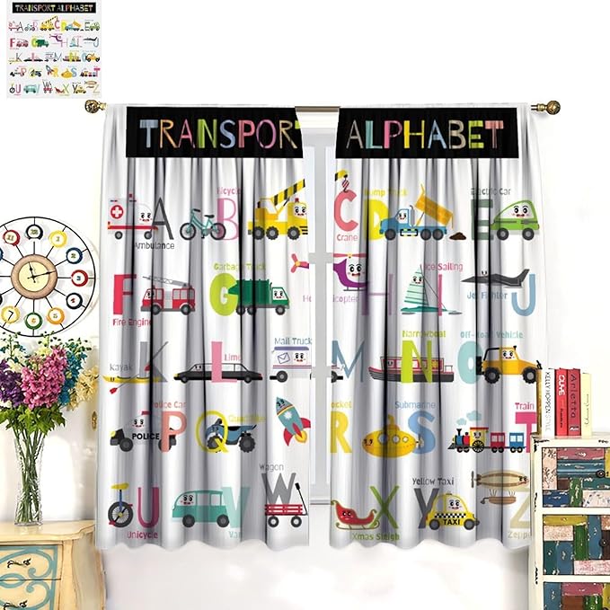 Alphabet Curtains，Catoon Transportation Pattern Blackout Print Window Drapes for Kids Bedroom Living Room 63x72 Inch
