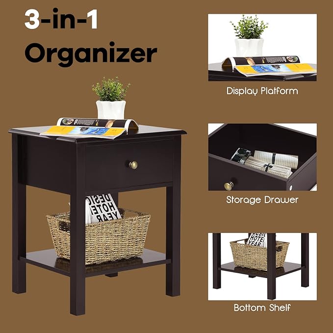 Giantex Nightstand, 2-Tier End Table with Drawer and Open Storage Shelf, Modern Bedside Tables, Wooden Side Table Night Stand for Bedroom, Dorm, Small Spaces, Easy Assembly, Espresso