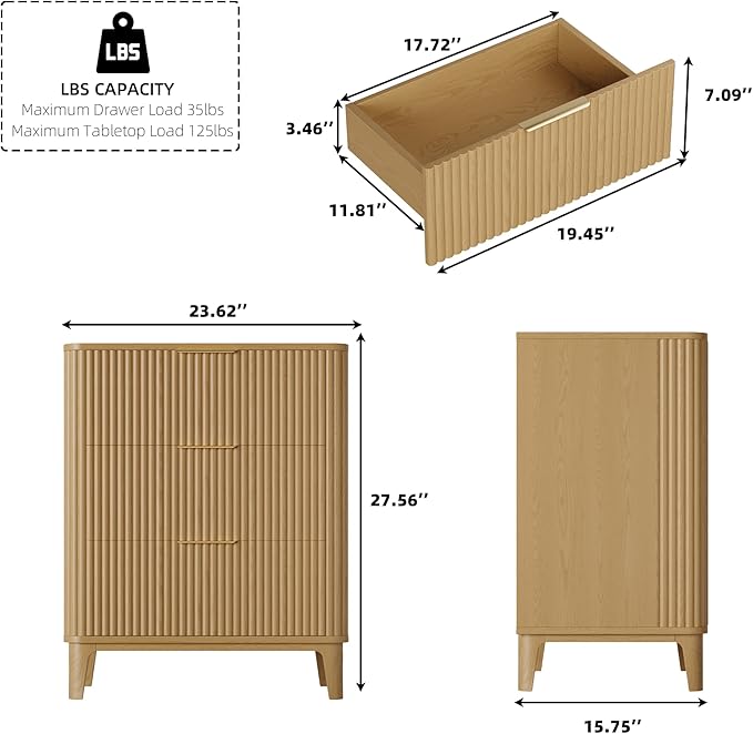 3 Drawer Fluted Dresser for Bedroom, Modern Closet Dressers Chest of Drawers, 23.6" Rustic Wood Nightstand 3-Drawer Dresser Bedside Table, Curved End Table with 3 Large Drawers for Living Room Natural