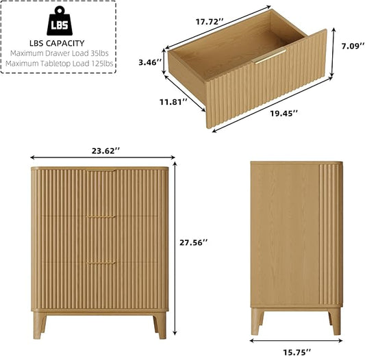 3 Drawer Fluted Dresser for Bedroom Set of 2, Modern Curved Closet Dressers Chest of Drawers, 23.6" Rustic Wood Nightstand 3-Drawer Dresser Bedside Table, End Table with 3 Large Drawers Natural