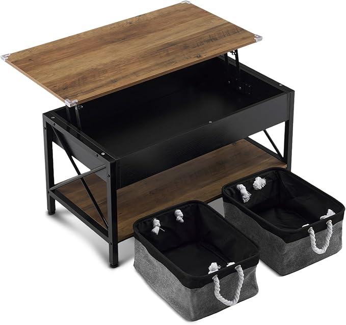 VINGLI 36" Lift Top Coffee Table with Free Cloth Storage Bins, Rustic Framhouse Black Coffee Tables for Living Room, Small Modern Coffee Table for Small Space in Minimalistic Style, Black