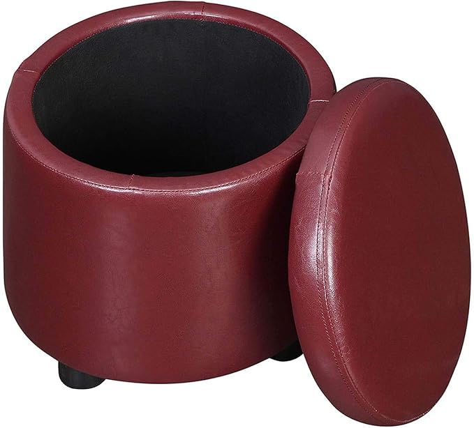 Convenience Concepts Designs4Comfort Round Accent Storage Ottoman in Burgundy Red Faux Leather Finish